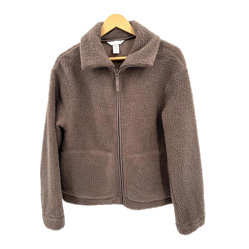 H&M Women's Teddy Sherpa Fleece Jacket Medium Brown Full Zip Cozy Pockets